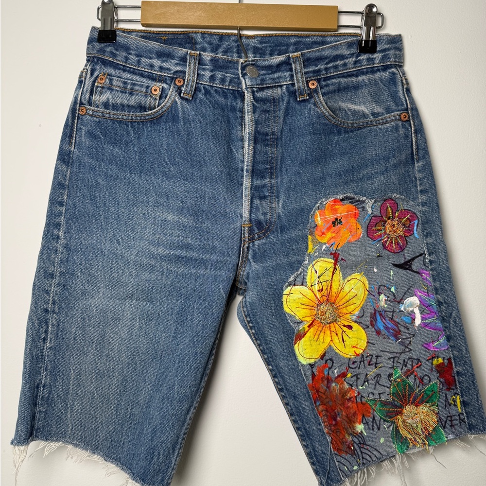RARE Free People x Levi’s 501 Hand Embellished Vintage Denim Shorts Size 31